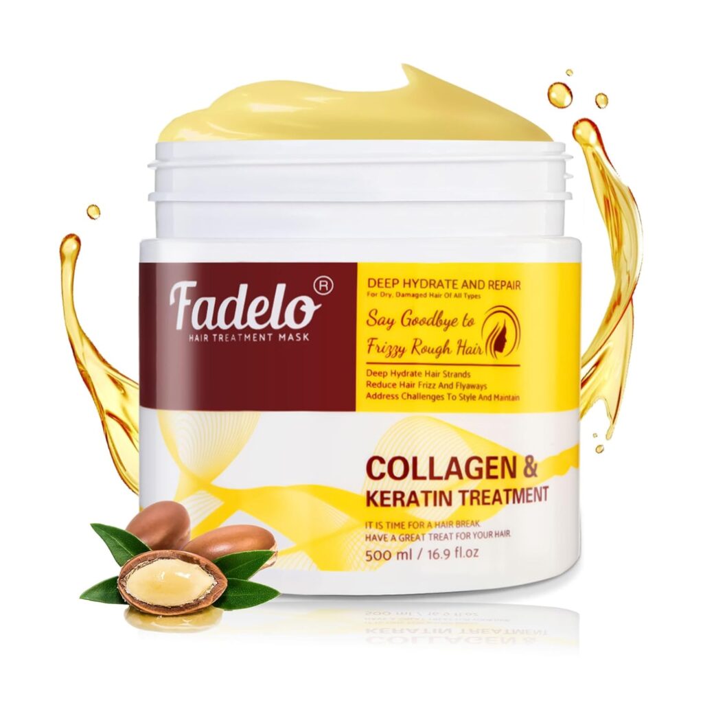 A container of Fadelo Hair Treatment Mask with creamy product, argan nuts, and oil drops. The label highlights "Collagen & Keratin Treatment" for deep hydration and repair of frizzy, rough hair.