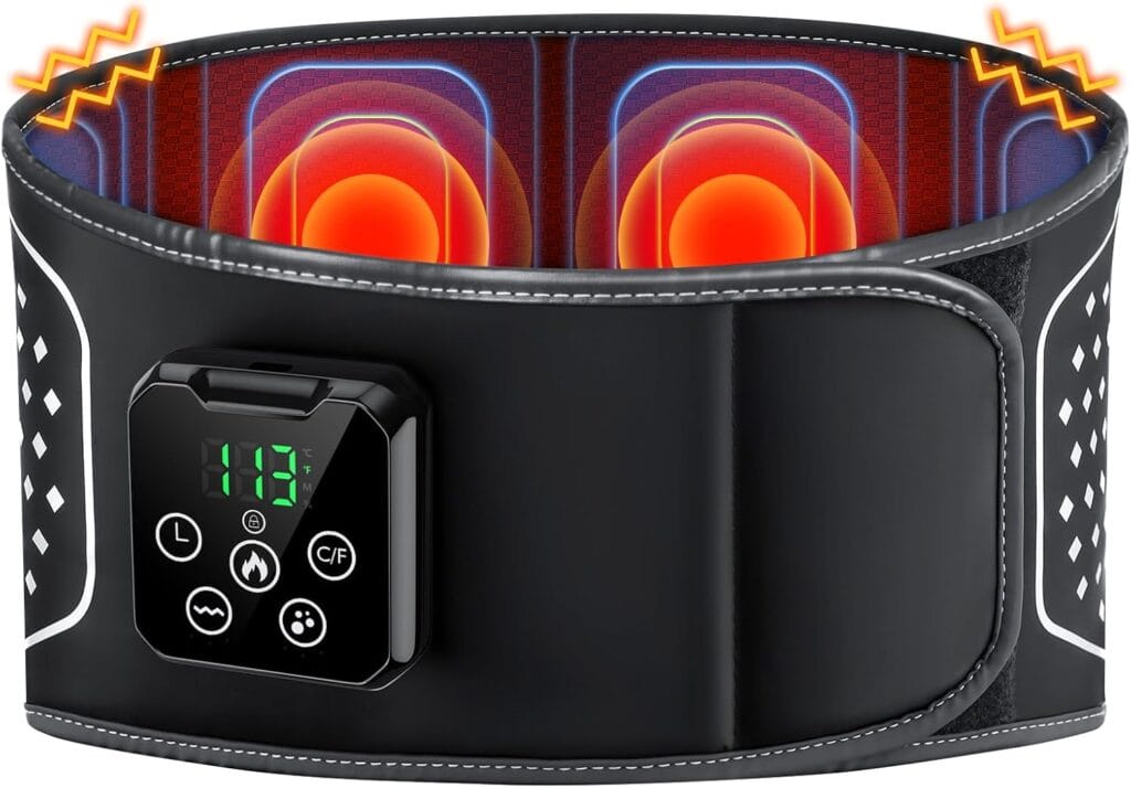 A black electronic heating belt with a digital control panel displays heat levels. The belt emits red and orange heat indicators, suggesting warmth and pain relief for the lower back area.