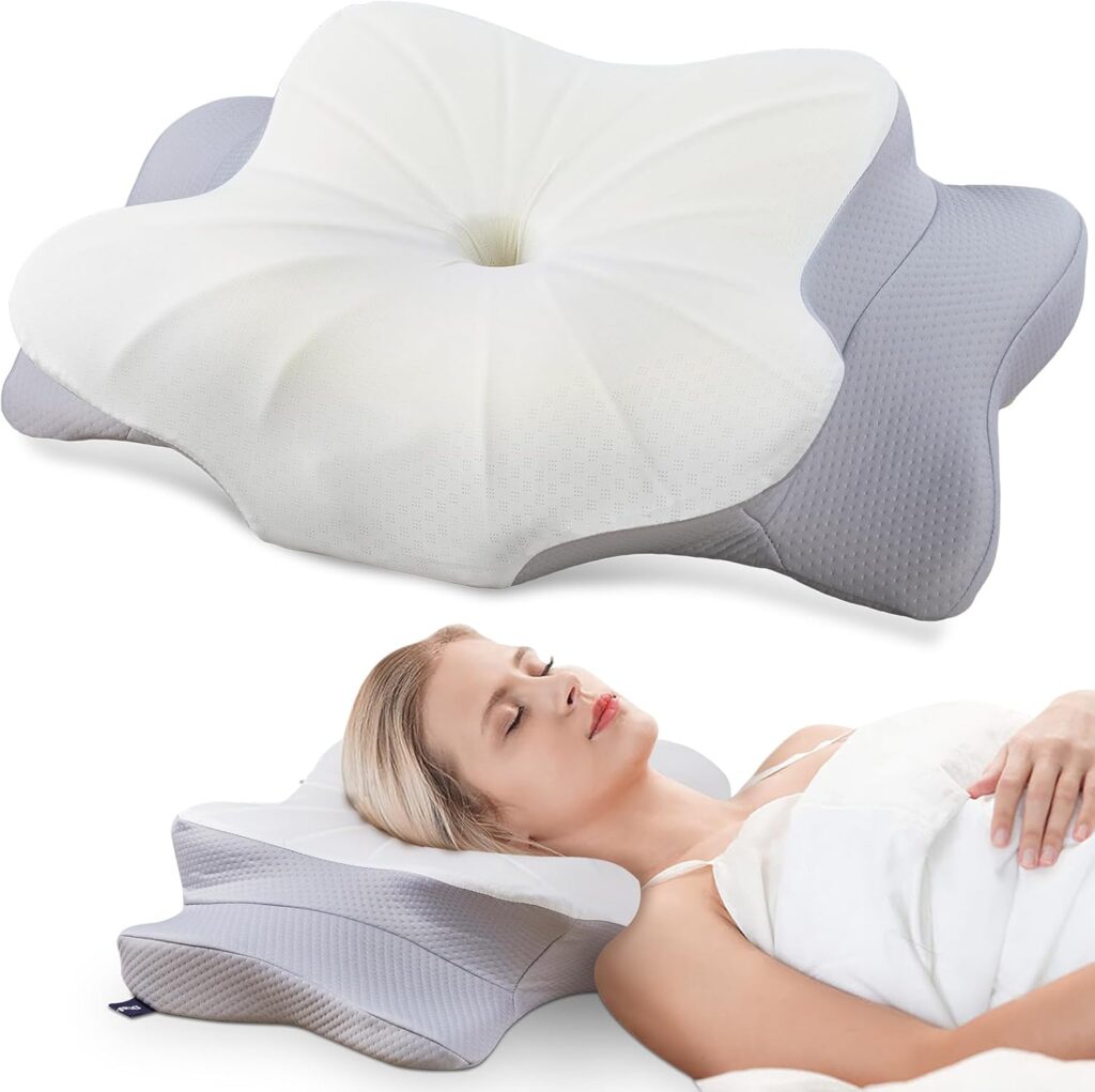 A star-shaped, ergonomic memory foam pillow is shown above a woman lying on her back using the pillow for neck and head support while resting in bed.