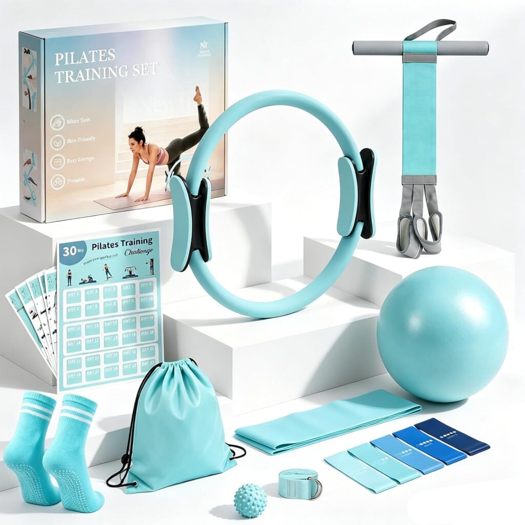 A light blue Pilates training set—including a ring, exercise ball, resistance bands, yoga socks, and more—arranged neatly on a white background. Grab this complete set with Tuesday Deals for an unbeatable value on your workout essentials.