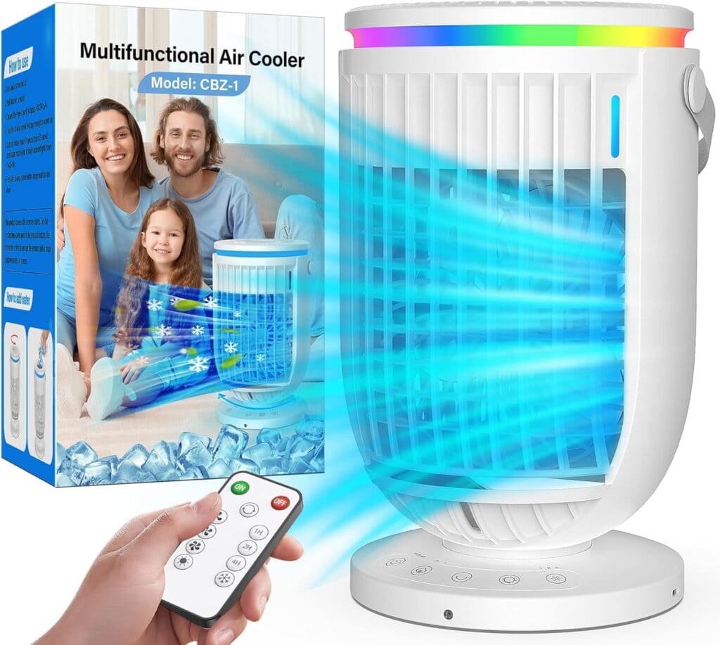 A multifunctional air cooler with blue airflow lines is shown alongside its packaging, which features a smiling family. A hand points a remote at the cooler, highlighting Tuesday Deals. The unit has a vertical grille and a rainbow LED light on top.