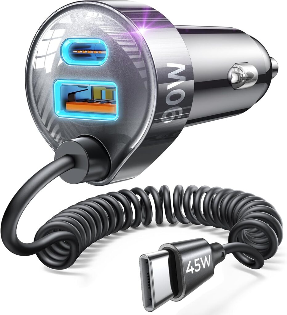 A metallic car charger with two USB ports, glowing blue, and a coiled cable ending in a USB-C connector labeled "45W". The charger is designed to plug into a car's power outlet.