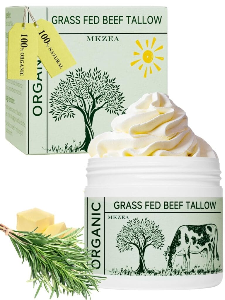 A jar labeled "Grass Fed Beef Tallow Organic" with whipped tallow, a box with similar labeling, a rosemary sprig, butter cubes, and a yellow "100% Natural" tag are shown on a white background.