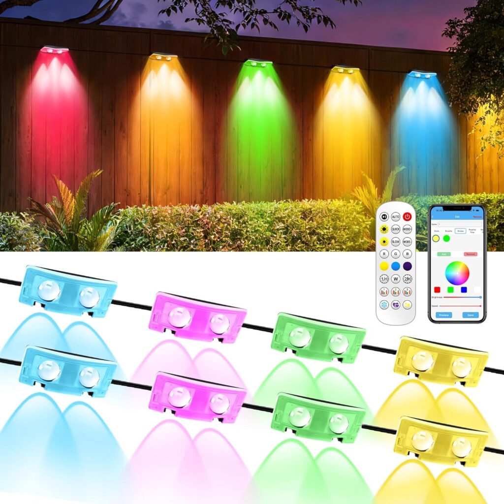 Colorful LED wall lights in red, yellow, green, blue, and purple illuminate a wooden fence at night. Below are the LED modules, a remote control, and a smartphone showing a lighting control app.