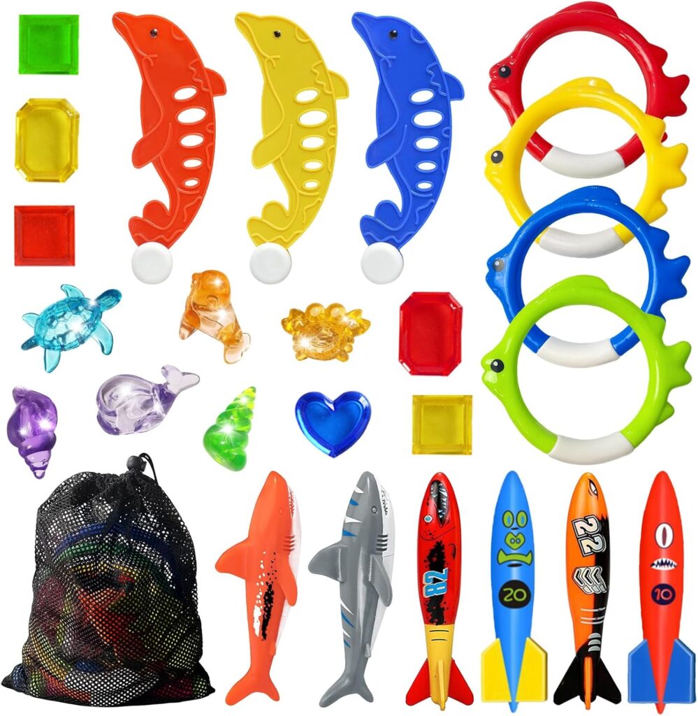 A set of colorful pool toys—including dolphins, sharks, diving rings, torpedoes, sea animal figures, gems, and a black mesh carrying bag—perfectly arranged on a white background. Great for fun in the sun or scoring Wednesday Deals!.