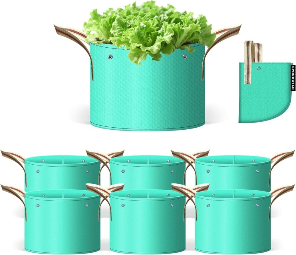 Seven turquoise fabric grow bags with handles are displayed, one containing leafy green lettuce. A matching empty bag is shown folded on the right side—perfect for your garden and Monday Deals savings.
