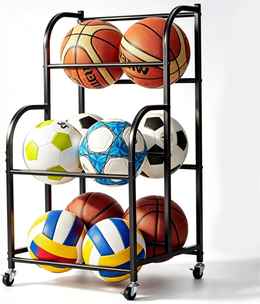 A black metal rack with wheels, featured in our Tuesday Deals, holds nine sports balls—basketballs, soccer balls, a volleyball, and a blue geometric-patterned ball—arranged on three shelves against a white background.