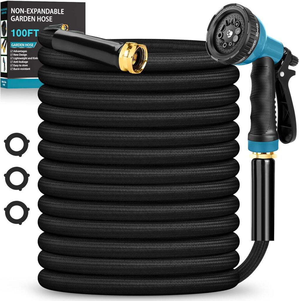 A 100-foot non-expandable black garden hose with a blue and black spray nozzle, brass fittings, and three spare rubber washers. The hose is coiled neatly, with packaging partly visible—perfect for grabbing on Tuesday Deals.
