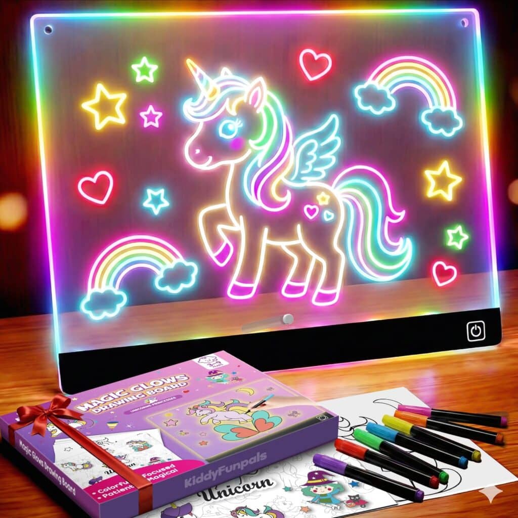 A glowing drawing board displays a neon-style unicorn with wings, surrounded by stars, hearts, clouds, and rainbows. Take advantage of Friday Deals on colored markers, a coloring book, and a sketch sheet set on the table in front.