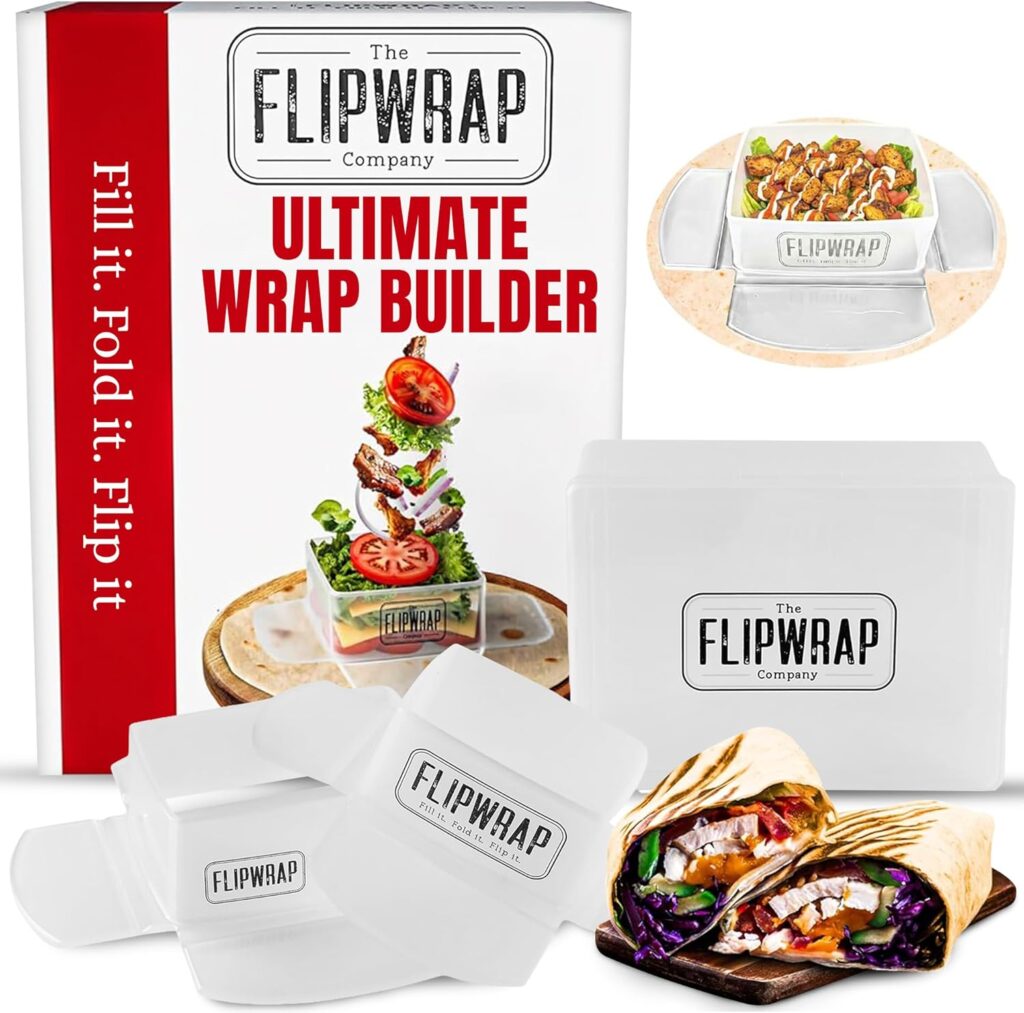 The image showcases the "FlipWrap Ultimate Wrap Builder" with its packaging, several white FlipWrap holders, and wraps loaded with fresh ingredients—highlighting a tasty solution for quick meals. Perfect for spicing up your Monday Deals!.