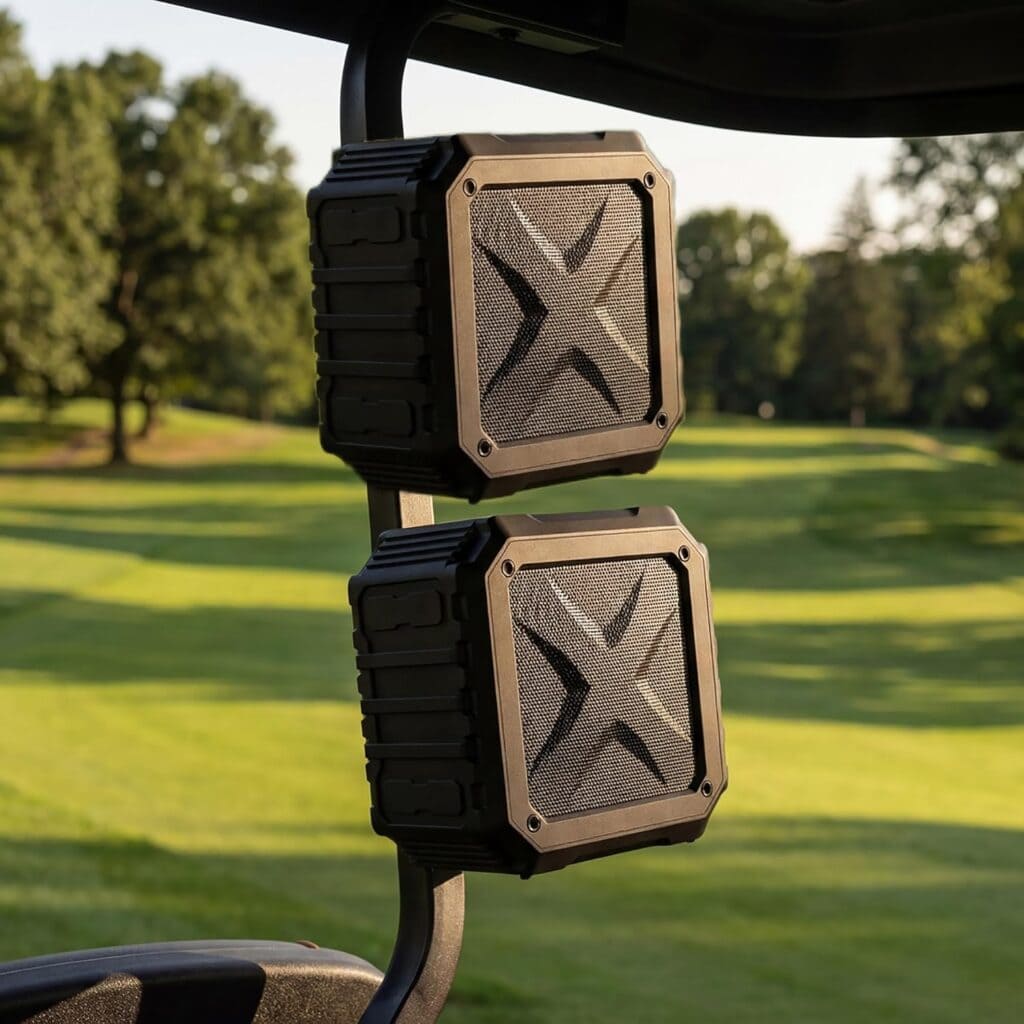 Two black, rugged speakers mounted vertically on a metal bar of a golf cart, overlooking a green golf course with trees in the background.