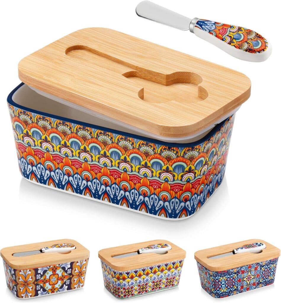 A colorful ceramic butter dish with a vibrant, patterned design, a bamboo lid featuring a groove for a matching spreading knife, and three additional variations shown below with different patterns.