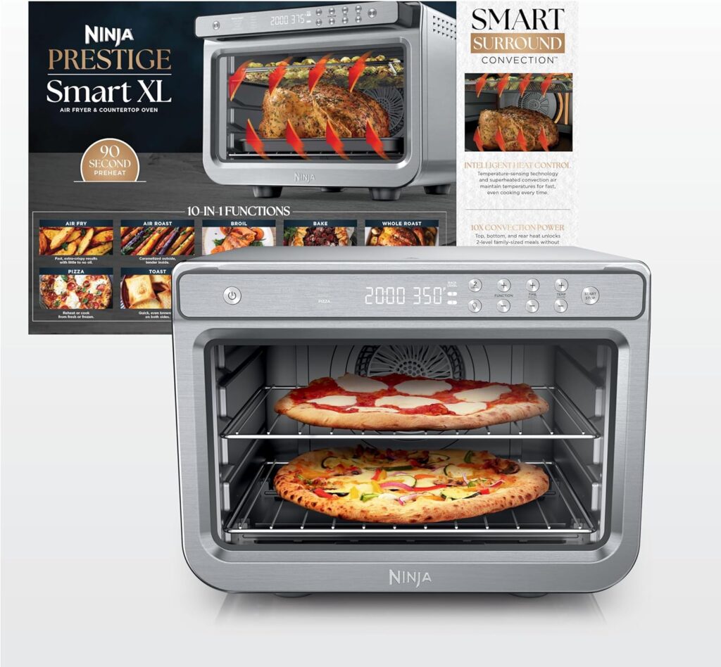 A Ninja Prestige Smart XL air fryer and countertop oven is shown with two pizzas inside. Promotional materials highlight its smart features, 90-second preheat, multiple cooking functions, and exclusive Tuesday Deals.