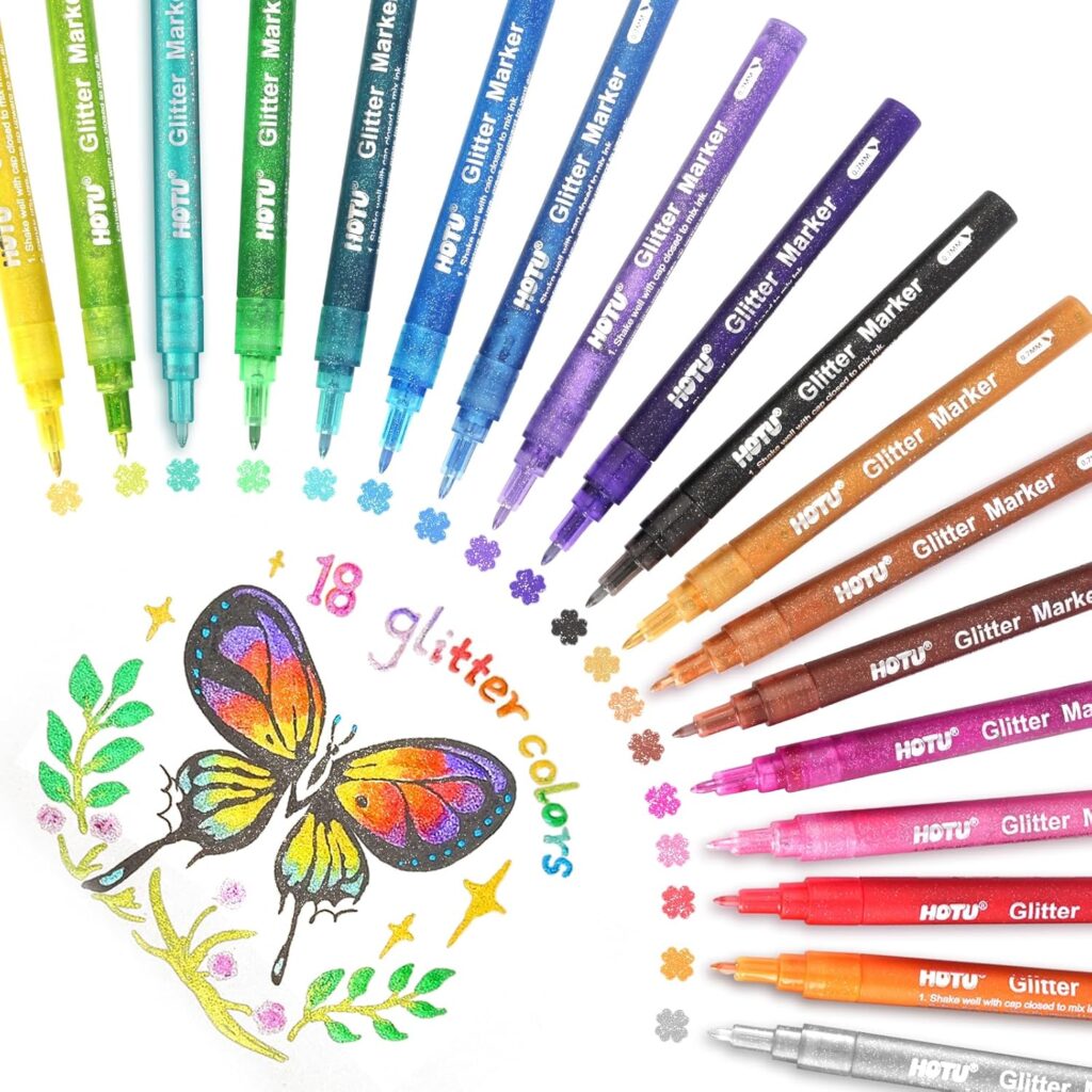 Glitter markers in 18 colors are arranged in a semicircle around a colorful butterfly drawing, with small flower doodles matching each marker color placed below the tips—perfect for adding sparkle to your Wednesday Deals finds.