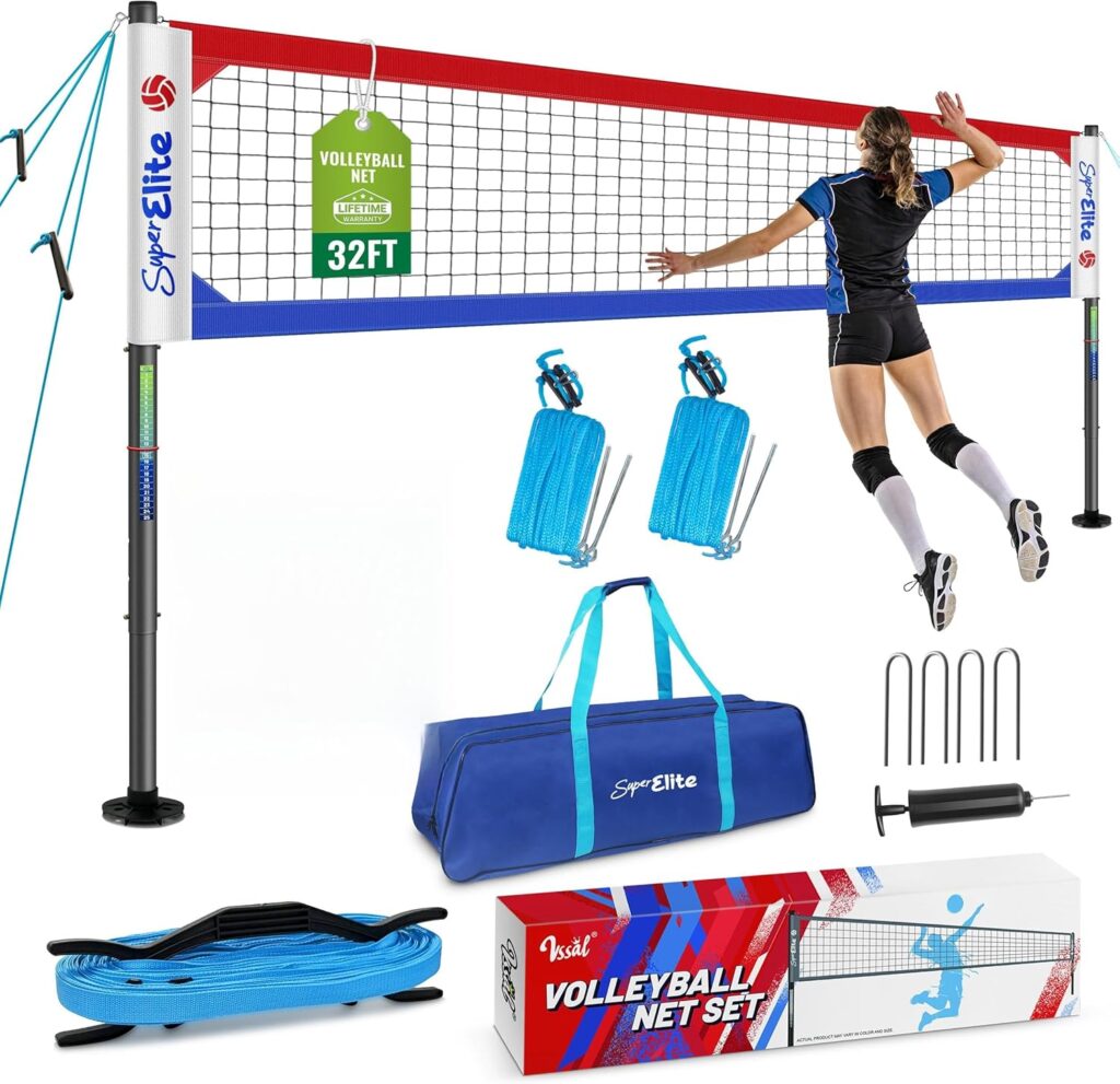 A volleyball net set with poles, stakes, boundary lines, ball pump, carrying bag, and box. A female player in black sportswear is jumping to hit a volleyball next to the assembled 32-foot net.