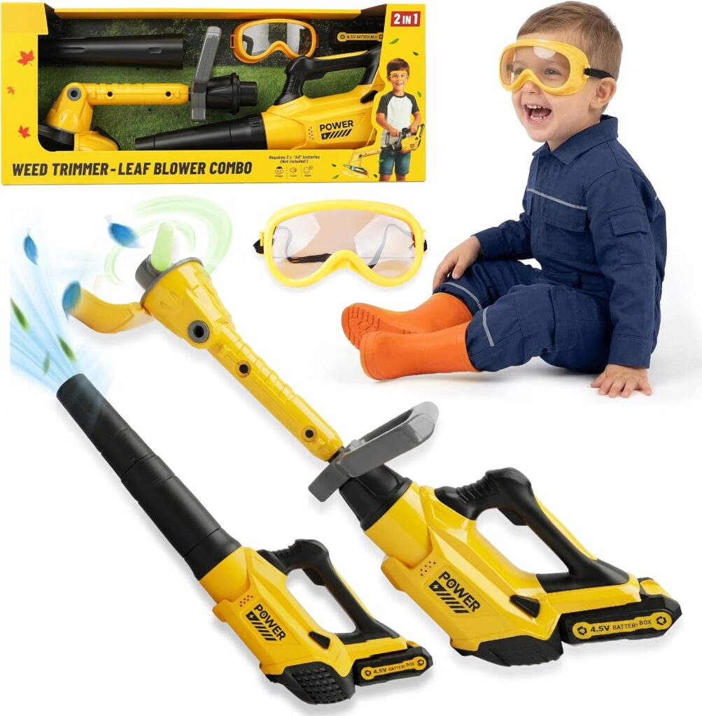 A smiling child in a blue jumpsuit and orange socks wears yellow safety goggles, sitting near toy weed trimmer and leaf blower tools. Product box and close-up of the goggles are also shown.