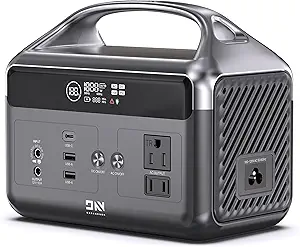 Compact metallic gray portable power station with a handle, AC outlets, USB ports, DC input, and display indicators on the front panel. Don’t miss special Tuesday Deals on this versatile device!.