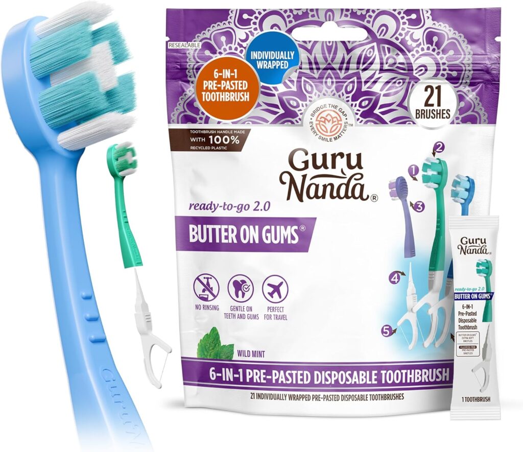 A blue toothbrush, a small disposable toothbrush with floss pick, and a "Guru Nanda Butter on Gums 6-in-1 Pre-Pasted Disposable Toothbrush" 21-pack—perfect for stocking up during Friday Deals.