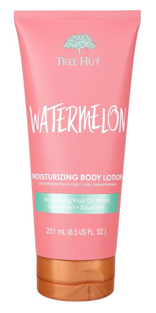 A pink tube of Tree Hut Watermelon Moisturizing Body Lotion with a gold cap, featuring labels for ceramides, squalane, and nourishing fruit oil blend. The tube size is 251 mL (8.5 US fl. oz.).