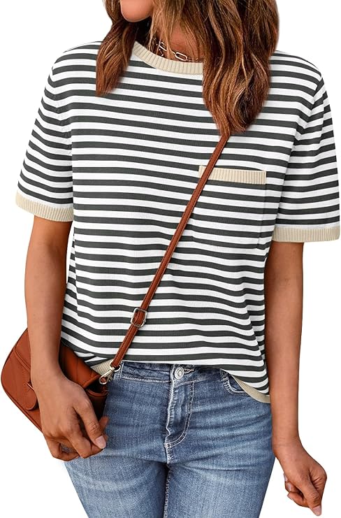 A person wearing a black and white striped short-sleeve shirt with beige trim, jeans, and a brown crossbody bag—perfect for snagging Wednesday Deals. The shirt has a small pocket, and the person has loose, wavy hair.