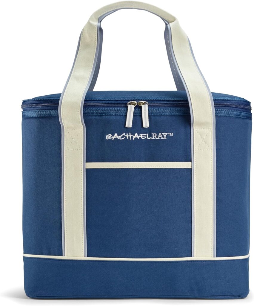 A blue insulated tote bag with cream-colored handles and trim, featuring the "Rachael Ray" logo embroidered in white on the front. Perfect for Monday Deals, it has a zipper closure and an exterior pocket for extra convenience.