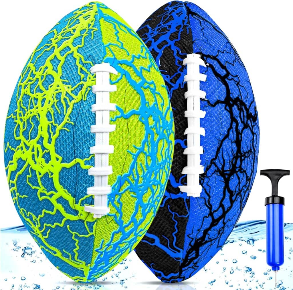 Two colorful footballs—one neon green with blue and yellow lightning, the other blue with black lightning—stand upright with white laces. A small air pump is beside them, water splashes below, perfect for your Friday Deals shopping.