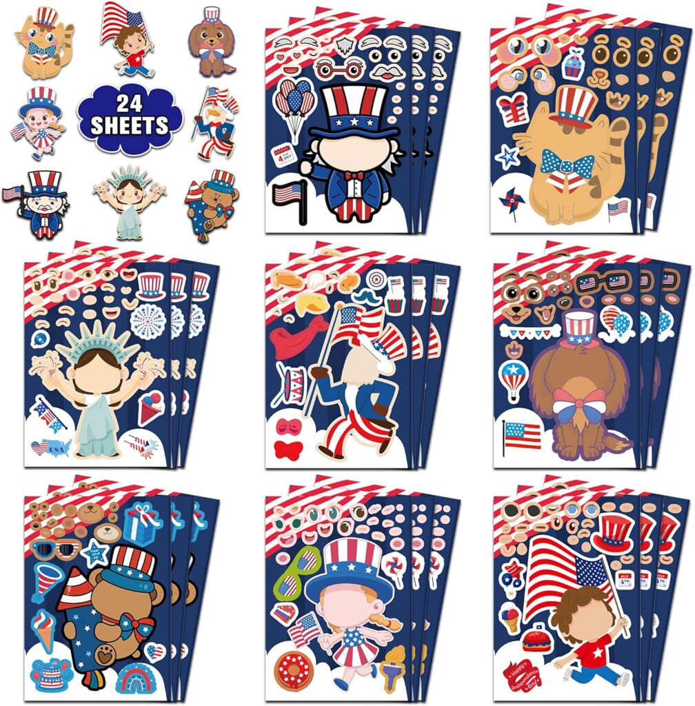 A collection of 24 sticker sheets featuring patriotic designs, including children, animals, and symbols like the Statue of Liberty, Uncle Sam, and American flags—perfect for celebrating Tuesday Deals in red, white, and blue style.