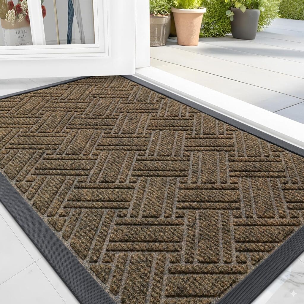 A brown, textured doormat with a geometric pattern is placed outside a white door on a tile floor, with potted plants visible on a patio in the background.