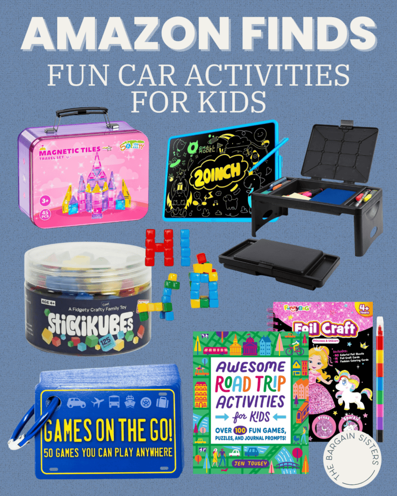 A collage of kids’ car activity products, including magnetic tiles, a 20-inch LCD drawing pad, a travel desk with storage, puzzle cubes, a foil craft kit, a games book, and a road trip activity book. Text reads “Amazon Finds Fun Car Activities for Kids.”.