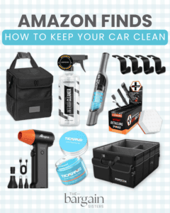 A collage of car cleaning products including organizers, a vacuum, detailing tools, sprays, hooks, a gel cleaner, a steam cleaner, and a collapsible storage bin. Text reads: "Amazon Finds: How to Keep Your Car Clean".