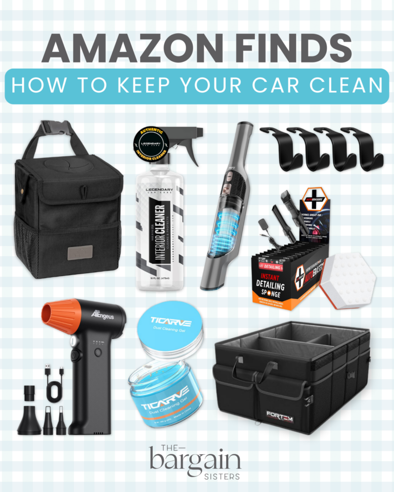 A collage of car cleaning products including organizers, a vacuum, detailing tools, sprays, hooks, a gel cleaner, a steam cleaner, and a collapsible storage bin. Text reads: "Amazon Finds: How to Keep Your Car Clean".