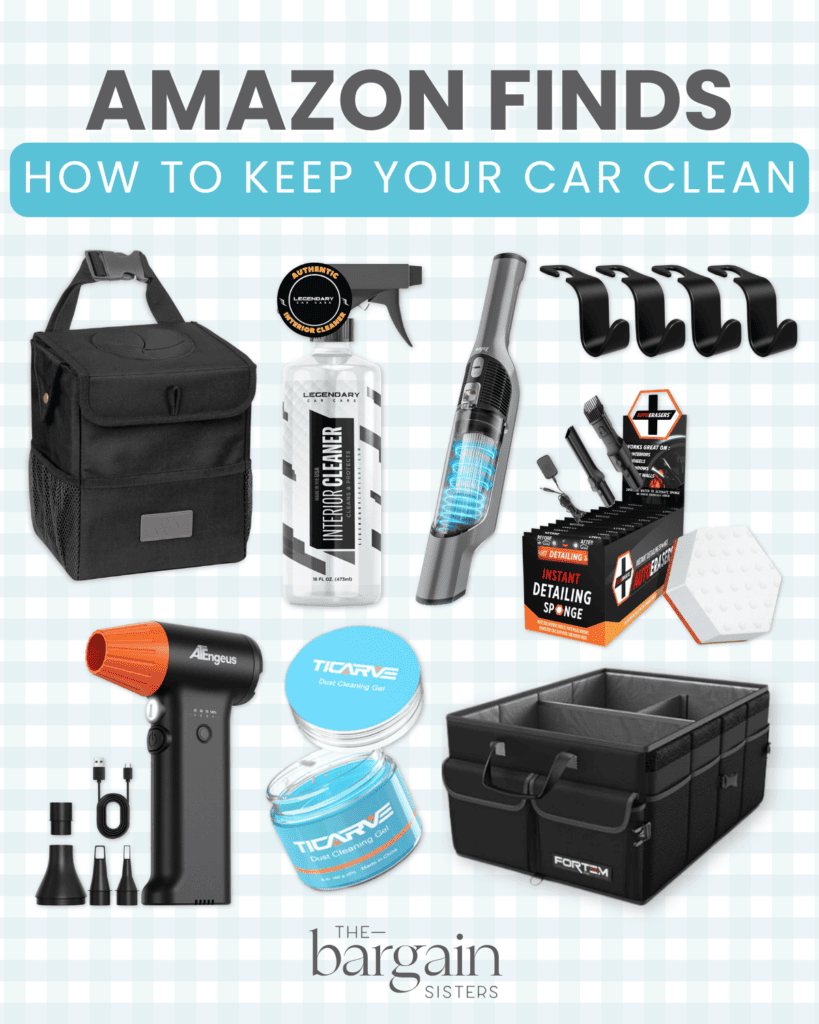 A collage of car cleaning products including organizers, a vacuum, detailing tools, sprays, hooks, a gel cleaner, a steam cleaner, and a collapsible storage bin. Text reads: "Amazon Finds: How to Keep Your Car Clean".