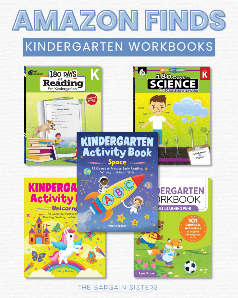 A collage of five kindergarten workbooks with colorful covers, including reading, science, and activity books, under the title "AMAZON FINDS: KINDERGARTEN WORKBOOKS.