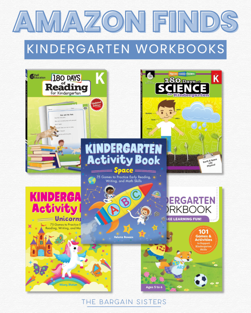 A collage of five kindergarten workbooks with colorful covers, including reading, science, and activity books, under the title "AMAZON FINDS: KINDERGARTEN WORKBOOKS.
