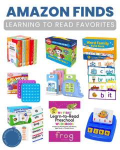 A collage of children’s reading tools including books, flashcards, phonics games, and workbooks, all labeled “Amazon Finds: Learning to Read Favorites” on a white background.