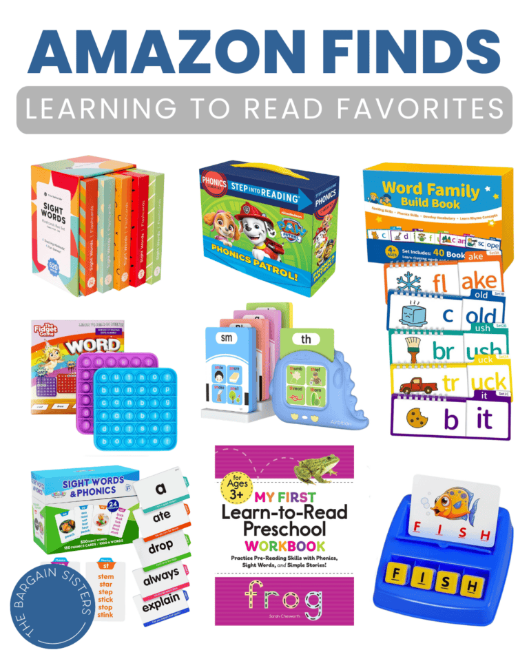 A collage of children’s reading tools including books, flashcards, phonics games, and workbooks, all labeled “Amazon Finds: Learning to Read Favorites” on a white background.