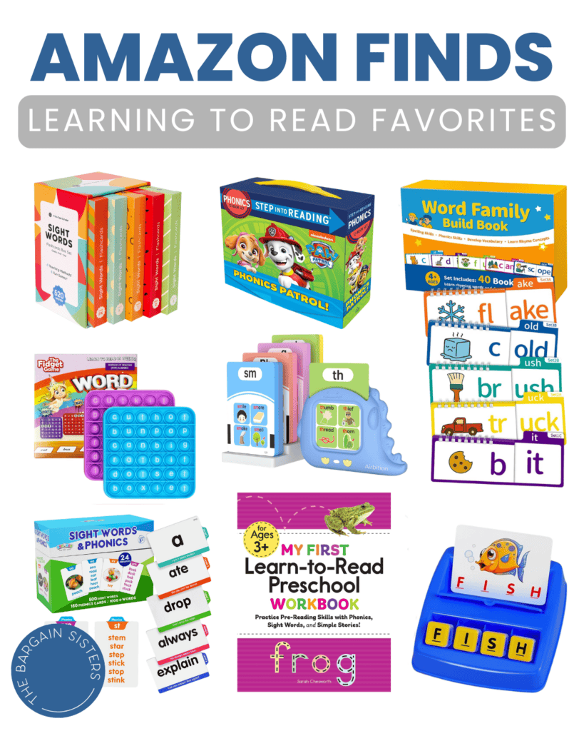 A collage of children’s reading tools including books, flashcards, phonics games, and workbooks, all labeled “Amazon Finds: Learning to Read Favorites” on a white background.