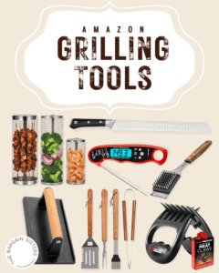 A collection of grilling tools, including skewers, a serrated knife, meat thermometer, grill brush, tongs, spatula, fork, meat claws, and a smoker box, displayed under the text "Amazon Grilling Tools.