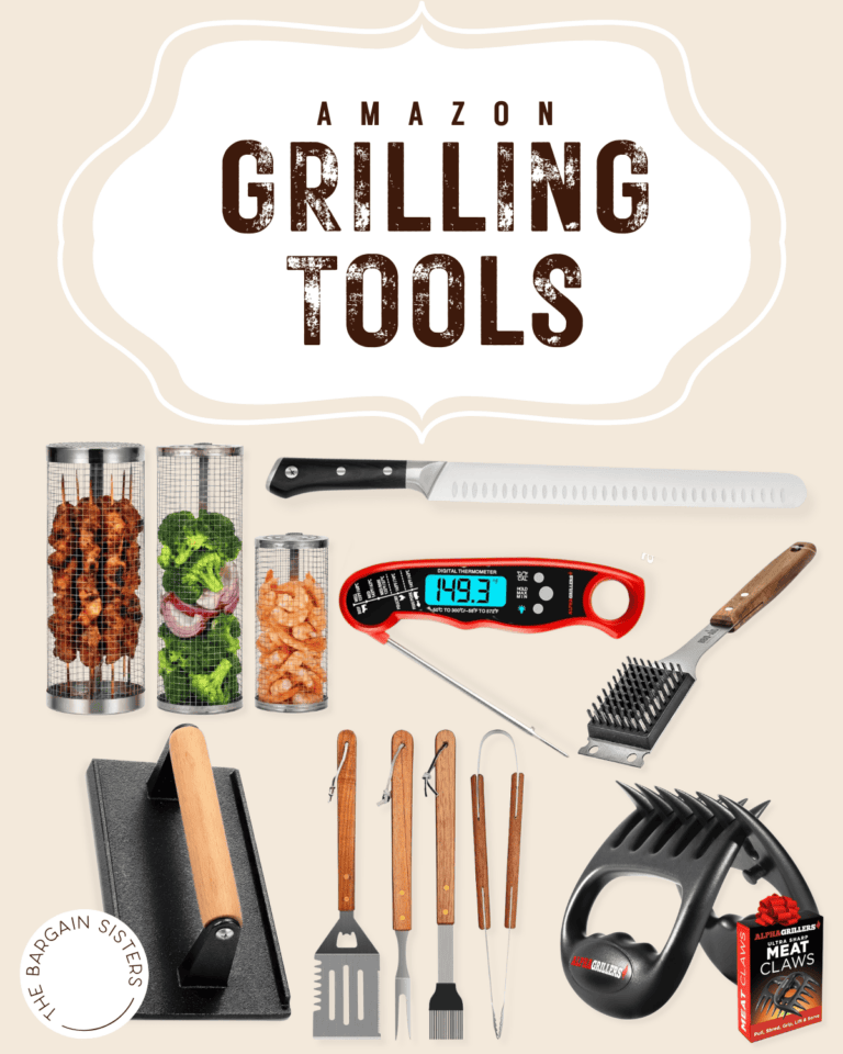 A collection of grilling tools, including skewers, a serrated knife, meat thermometer, grill brush, tongs, spatula, fork, meat claws, and a smoker box, displayed under the text "Amazon Grilling Tools.