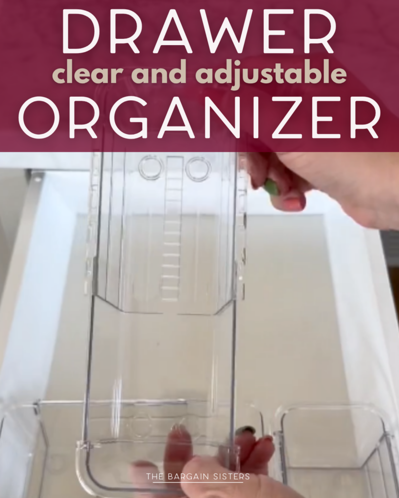 Hands placing a clear, adjustable plastic drawer organizer into a white drawer; text over the image reads "Drawer clear and adjustable organizer.