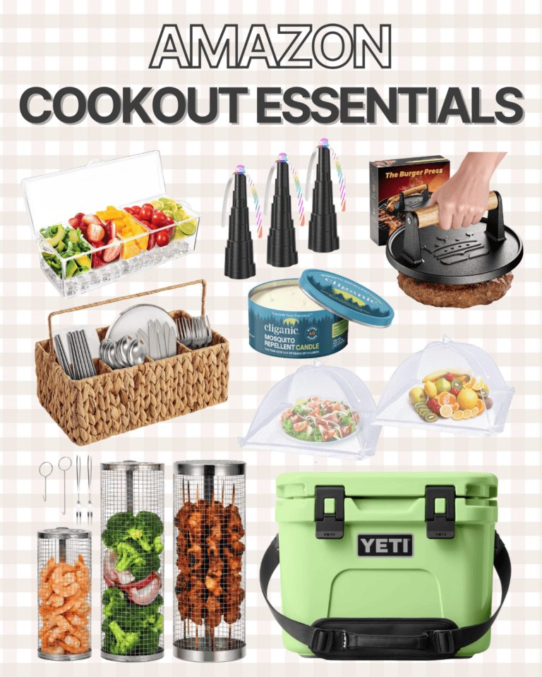 A collage of Amazon cookout essentials, including a fruit tray, food covers, grilling skewers, a utensil basket, a citronella candle, a burger press, and a light green Yeti cooler on a checkered background.
