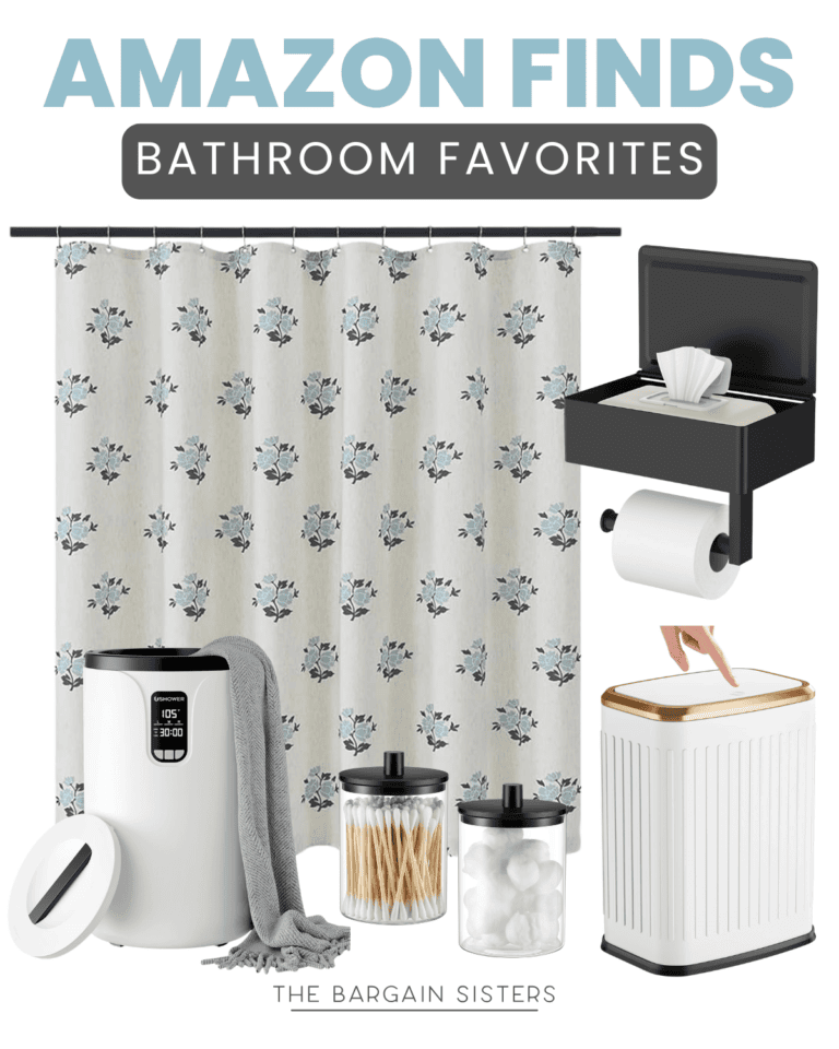 A bathroom favorites collage featuring a floral shower curtain, black wall-mounted tissue and toilet paper holder, white trash can with gold lid, electric towel warmer, and glass jars with cotton balls and swabs.