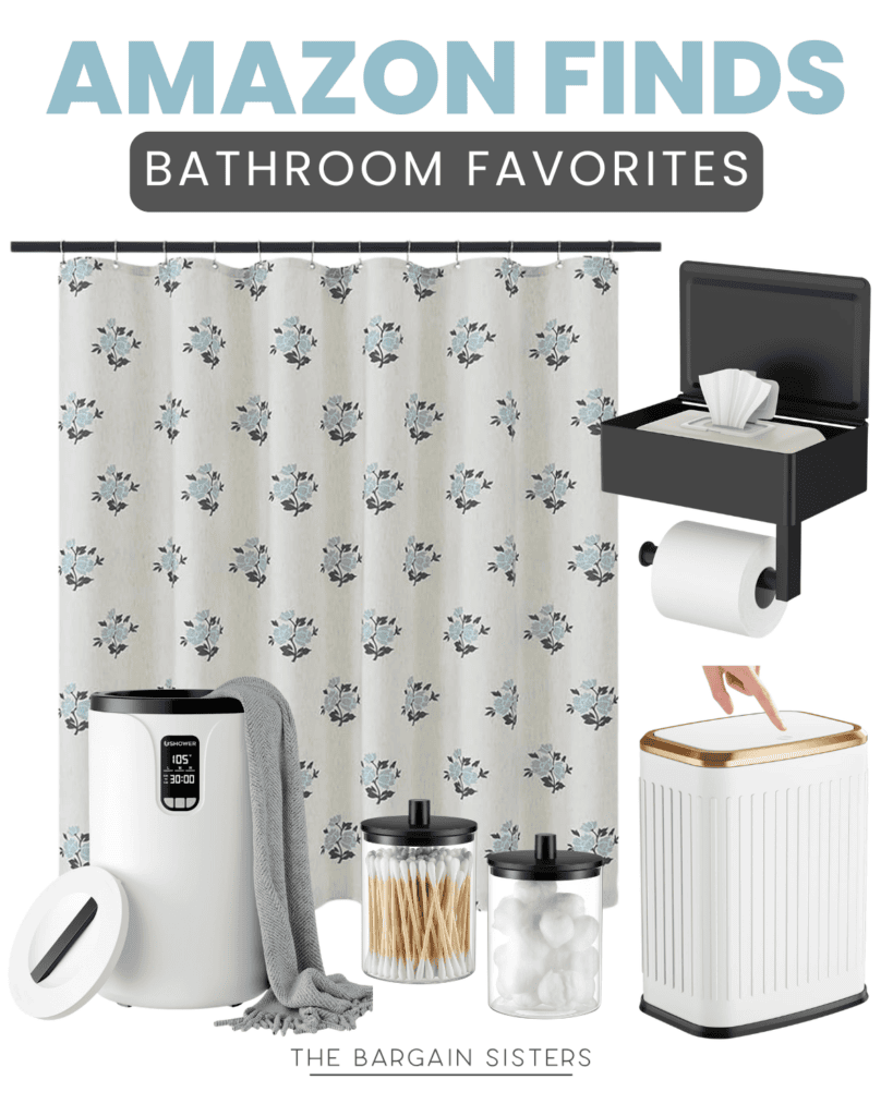 A bathroom favorites collage featuring a floral shower curtain, black wall-mounted tissue and toilet paper holder, white trash can with gold lid, electric towel warmer, and glass jars with cotton balls and swabs.