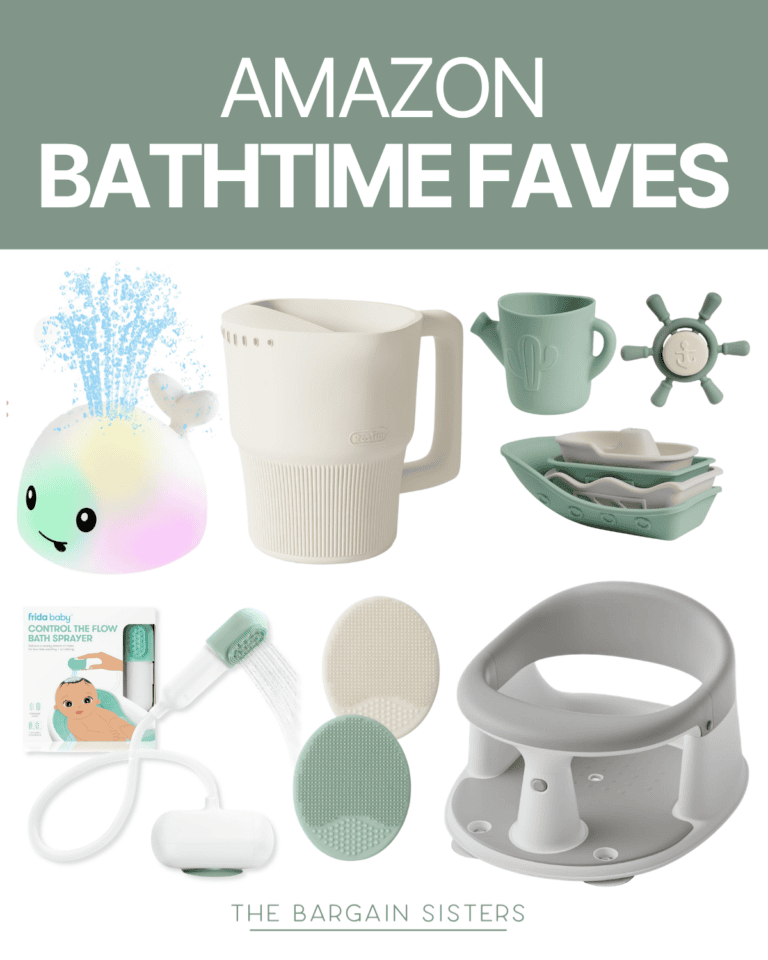 A collage titled "Amazon Bathtime Faves" shows bath products for babies, including a whale bath toy, pitcher, cup, brushes, washcloths, bath rinser, divider tray, and a gray bathing seat. "The Bargain Sisters" is at the bottom.