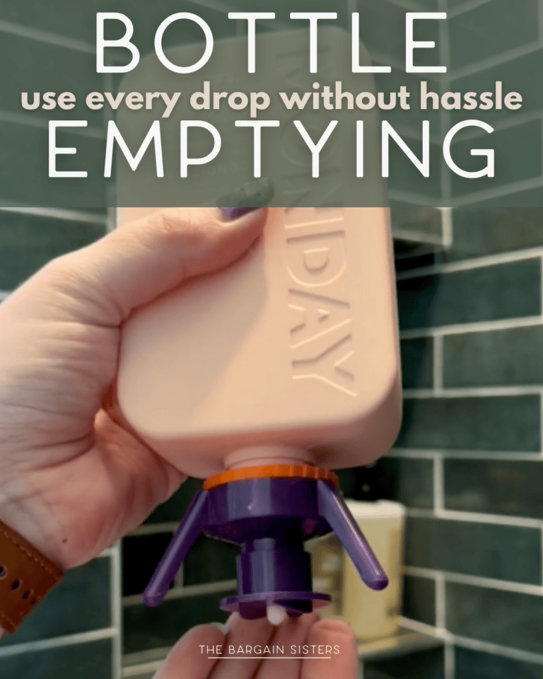 A hand holds an upside-down lotion bottle with a specialized purple stand, helping to empty the bottle. White text reads, “Bottle Emptying: use every drop without hassle.” Green tile background.