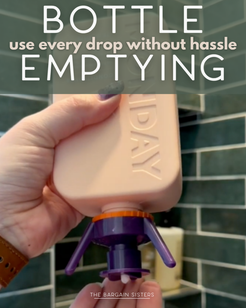 A hand holds an upside-down lotion bottle with a specialized purple stand, helping to empty the bottle. White text reads, “Bottle Emptying: use every drop without hassle.” Green tile background.
