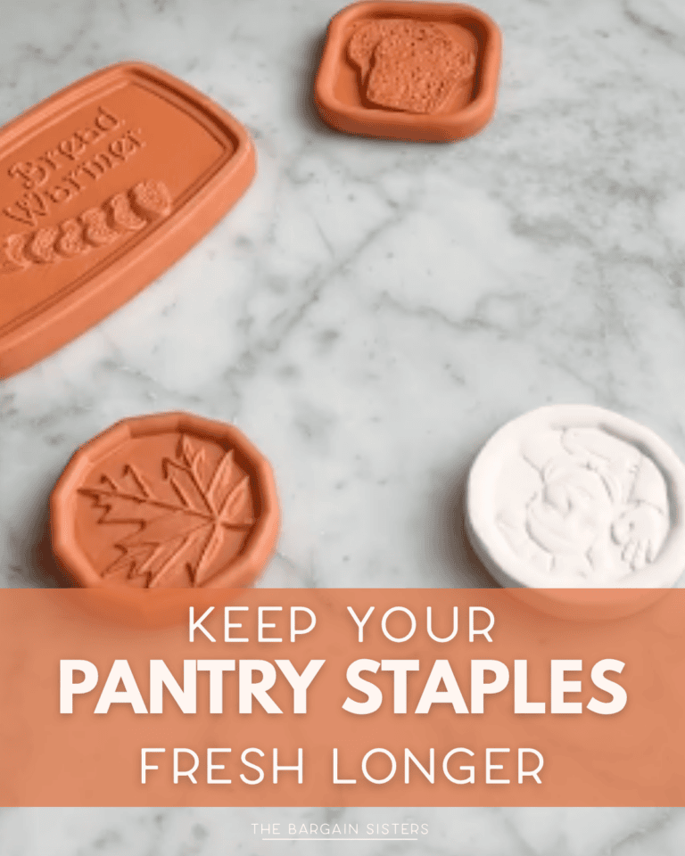 Terracotta and ceramic food preservation disks on a marble surface with text: "Keep your pantry staples fresh longer.