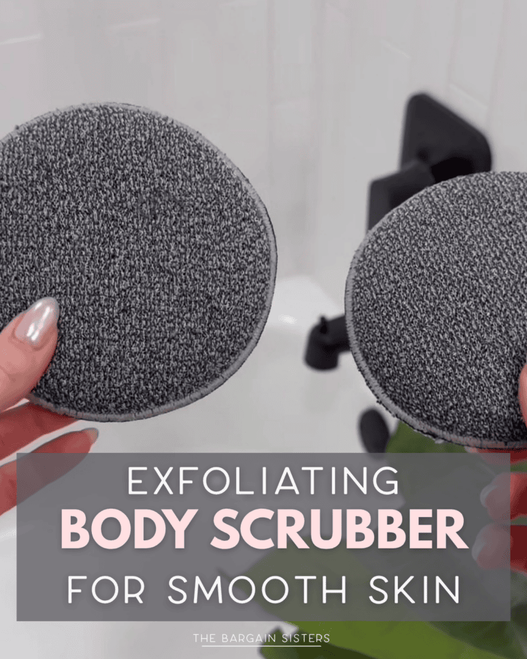 Two hands holding round, gray exfoliating body scrubbers above a white bathtub. Text overlay reads: "Exfoliating Body Scrubber for Smooth Skin.