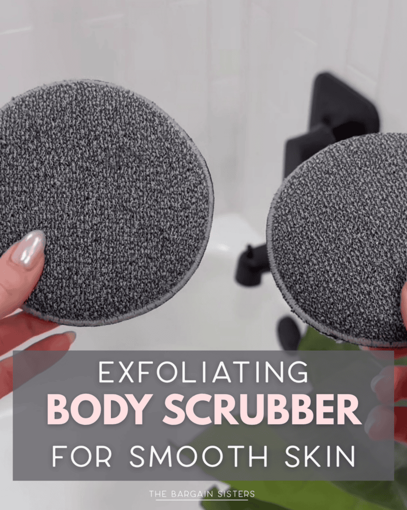 Two hands holding round, gray exfoliating body scrubbers above a white bathtub. Text overlay reads: "Exfoliating Body Scrubber for Smooth Skin.