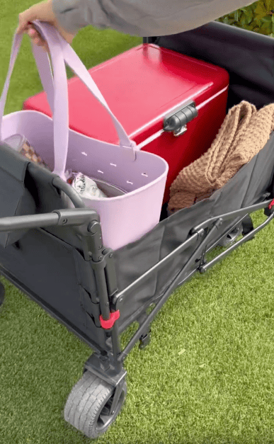 A person places a lavender tote bag into a black foldable wagon, which also contains a red cooler and a brown textured blanket, all on a grassy surface.